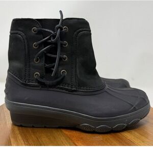Sperry Saltwater Quarter Leather Ankle Duck Boots Womens US 7M Black Lace Up Zip